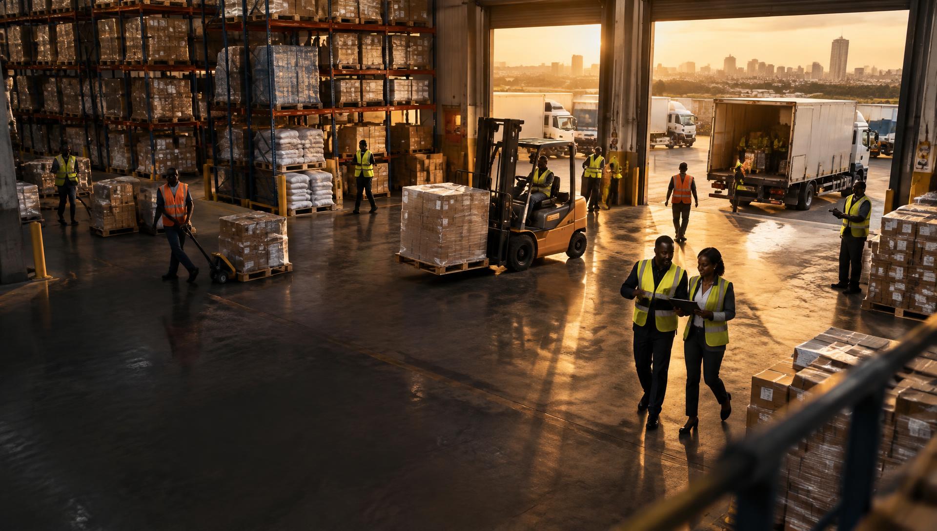 Business operators at work in a modern African distribution warehouse