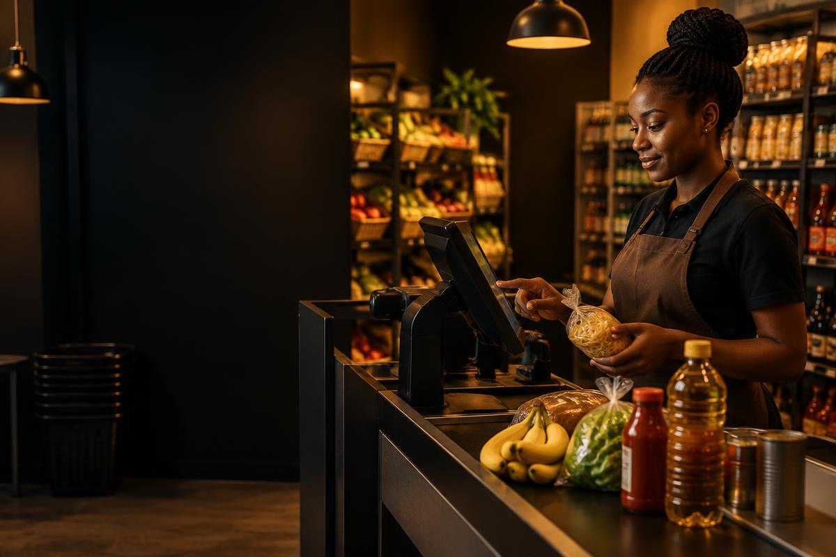 A cashier using a POS system in a supermarket